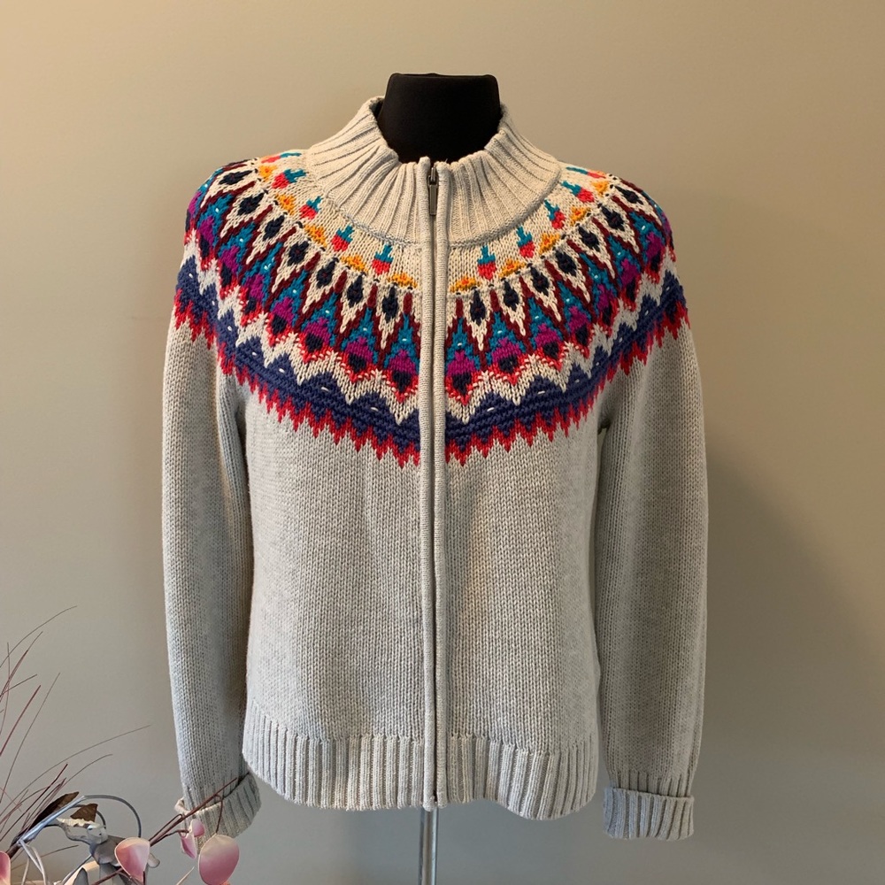 CHAPS Petite Fairisle Front Zip Cardigan Sweater